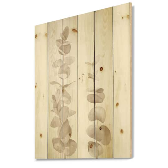 Designart - Beige Eucalyptus Branches On White - Traditional Print on Natural Pine Wood